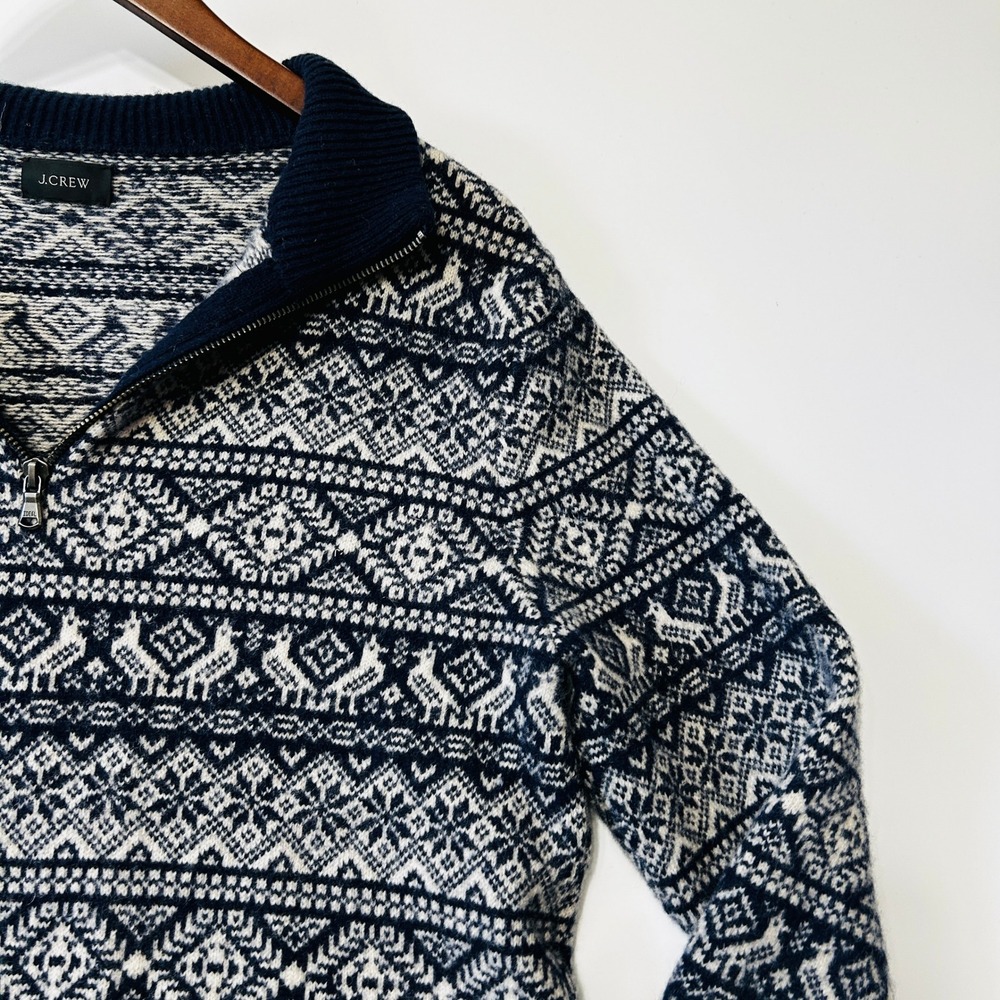 J.Crew Quarter Zip Sweater Size L Lambswool Fair Isle Nordic Navy Preppy Large - Picture 4 of 15